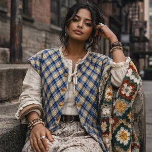 Vintage | Blue Yellow Plaid Quilted Vest Jacket M | Cottagecore Grannycore